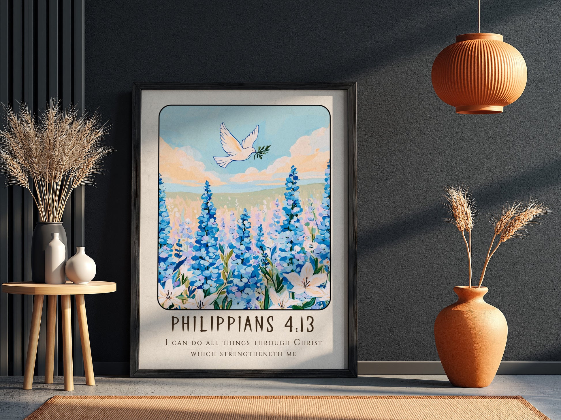 Philippians 4:13 poster featuring blue flowers and a dove, inspirational religion art