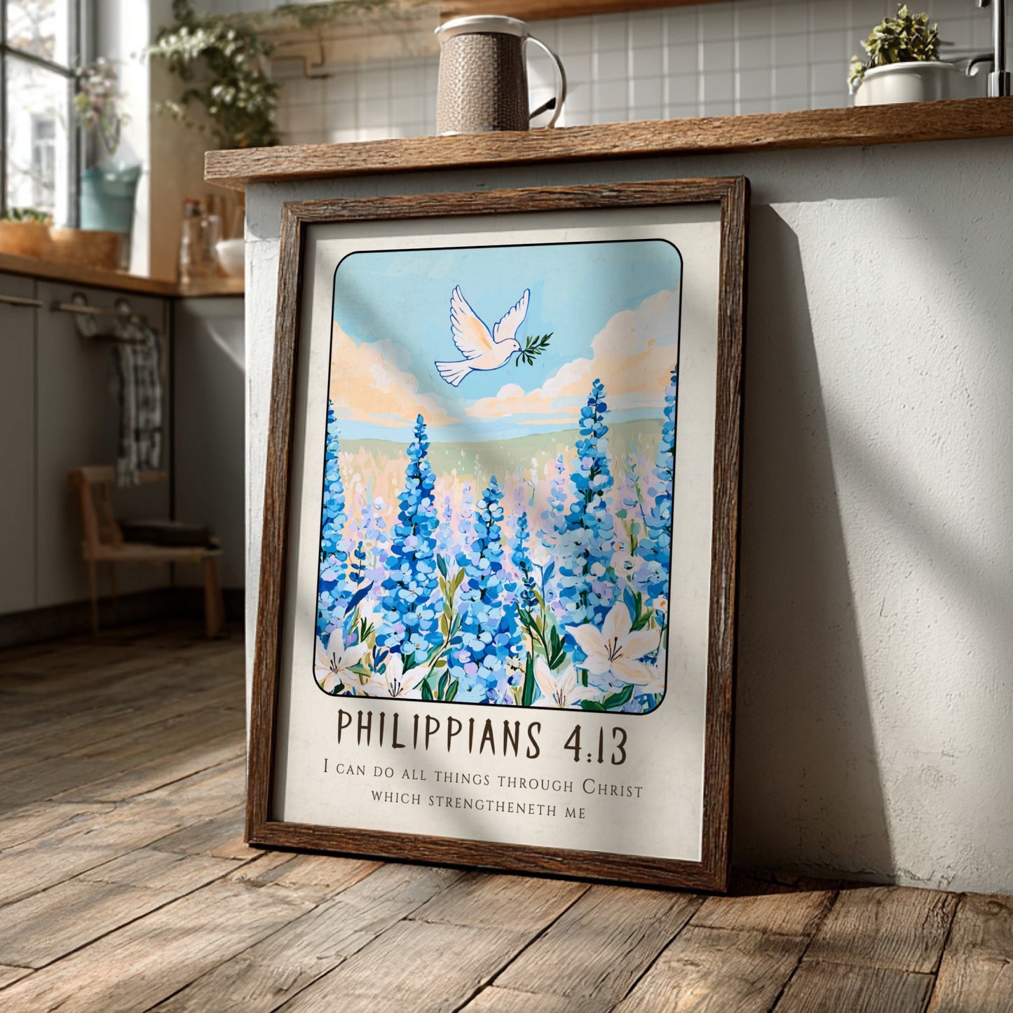 Philippians 4:13 poster featuring blue flowers and a dove, inspirational religion art