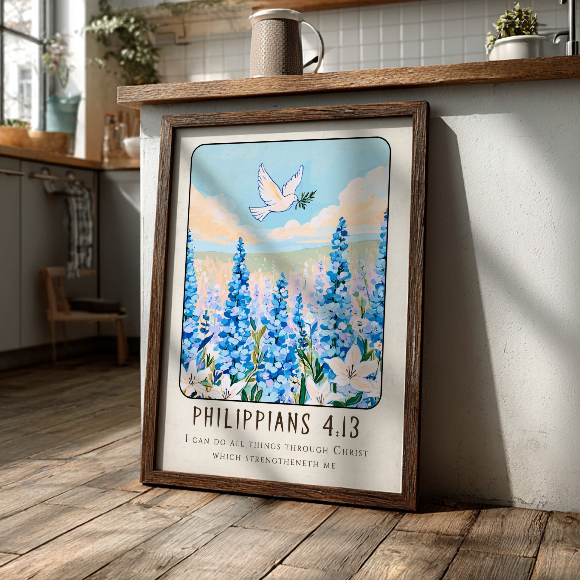 Philippians 4:13 poster featuring blue flowers and a dove, inspirational religion art