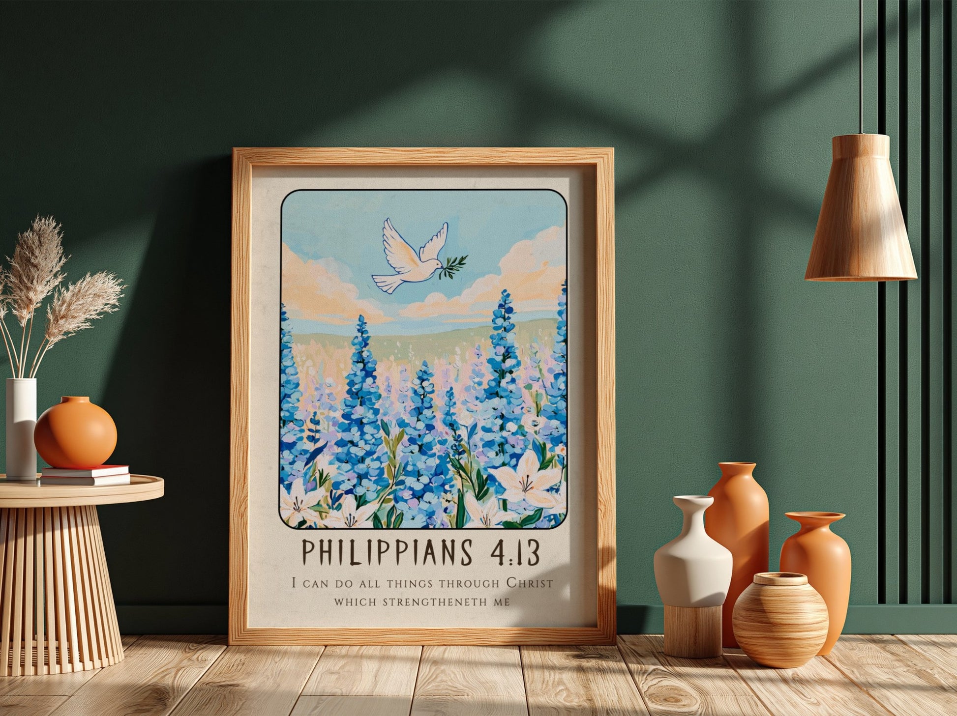 Philippians 4:13 poster featuring blue flowers and a dove, inspirational religion art
