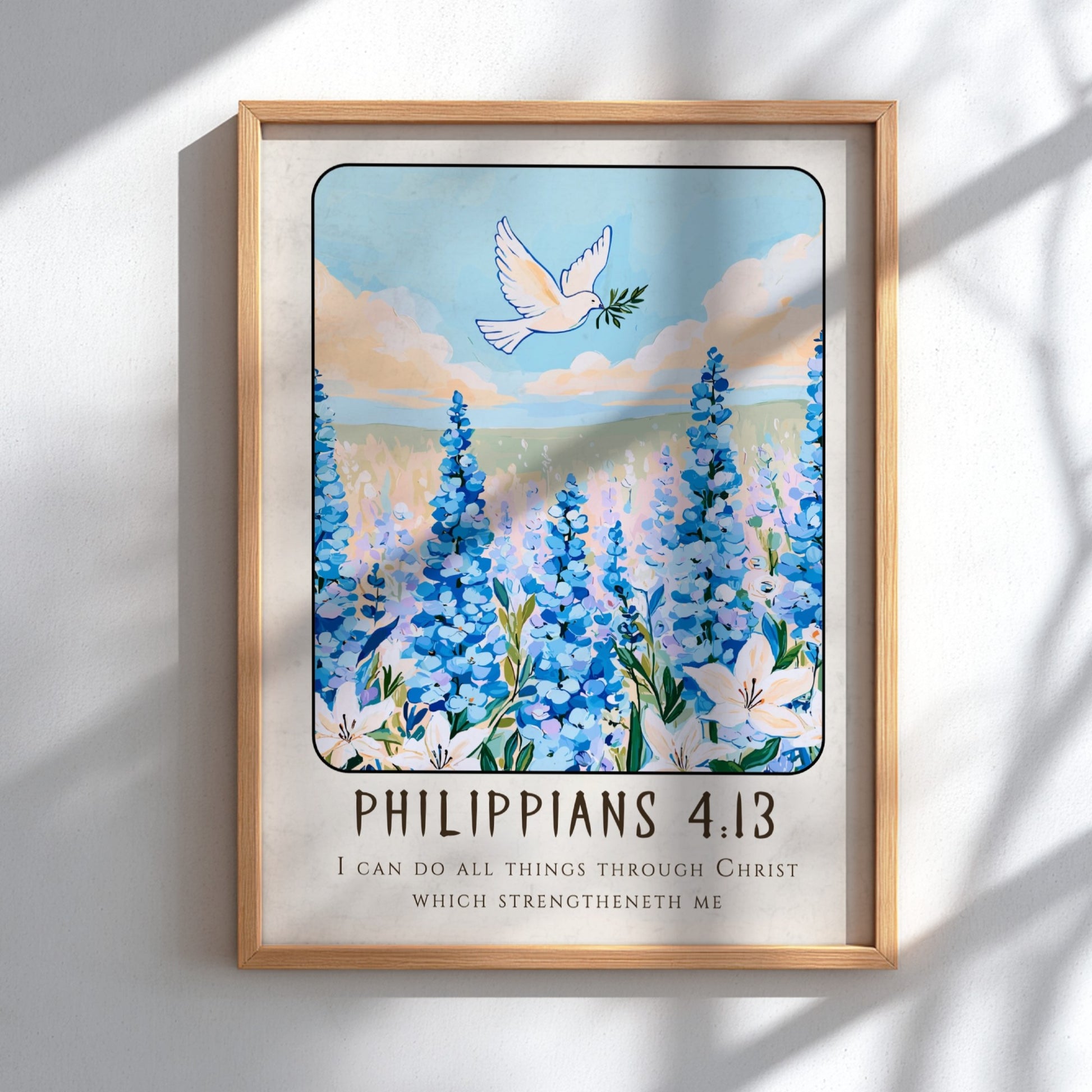 Philippians 4:13 poster featuring blue flowers and a dove, inspirational religion art