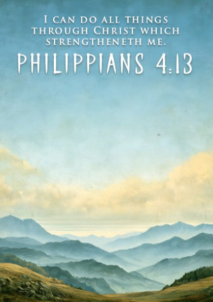 Poster featuring a serene mountain range under a blue sky with Philippians 4:13 text.