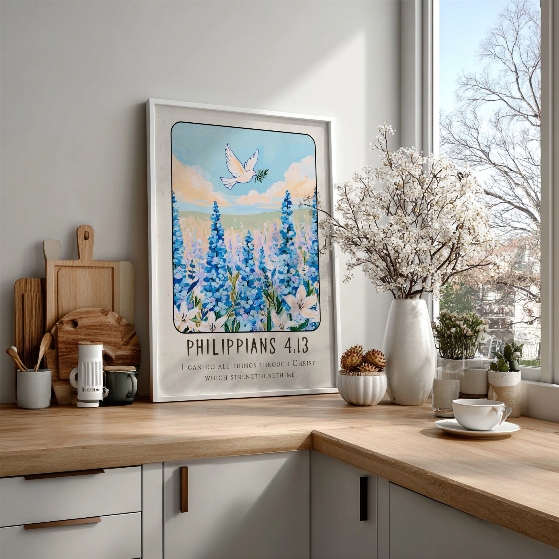 Philippians 4:13 poster featuring blue flowers and a dove, inspirational religion art