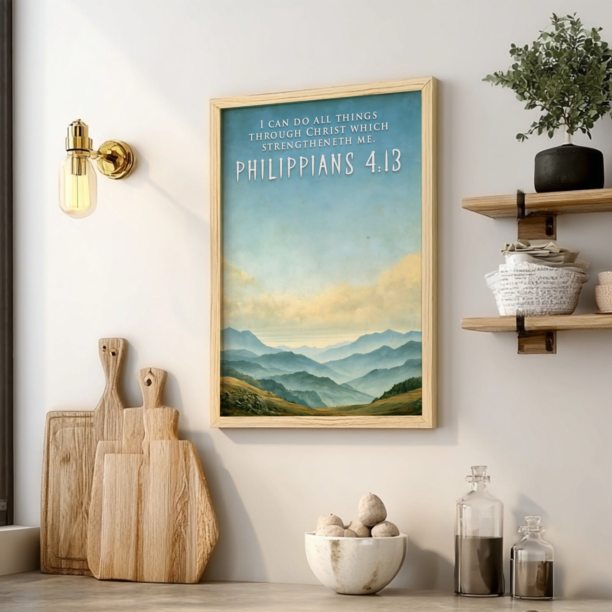Poster featuring a serene mountain range under a blue sky with Philippians 4:13 text.