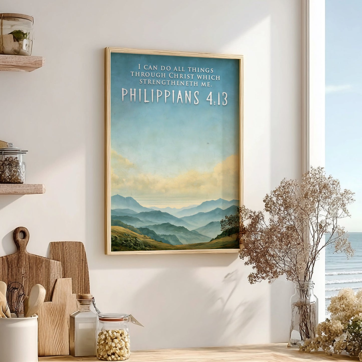 Poster featuring a serene mountain range under a blue sky with Philippians 4:13 text.