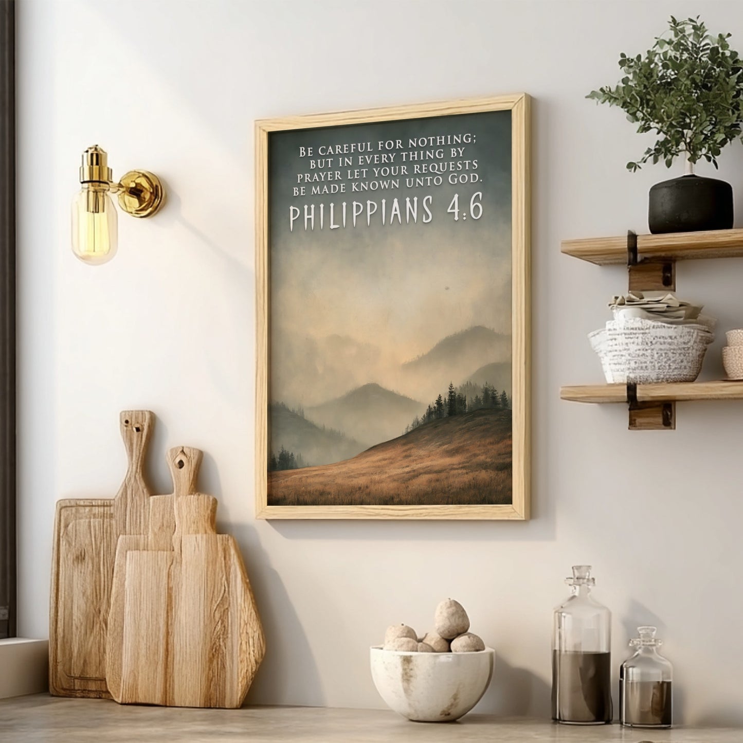 Poster displaying Philippians 4:6 text over a landscape of golden fields and mountains.