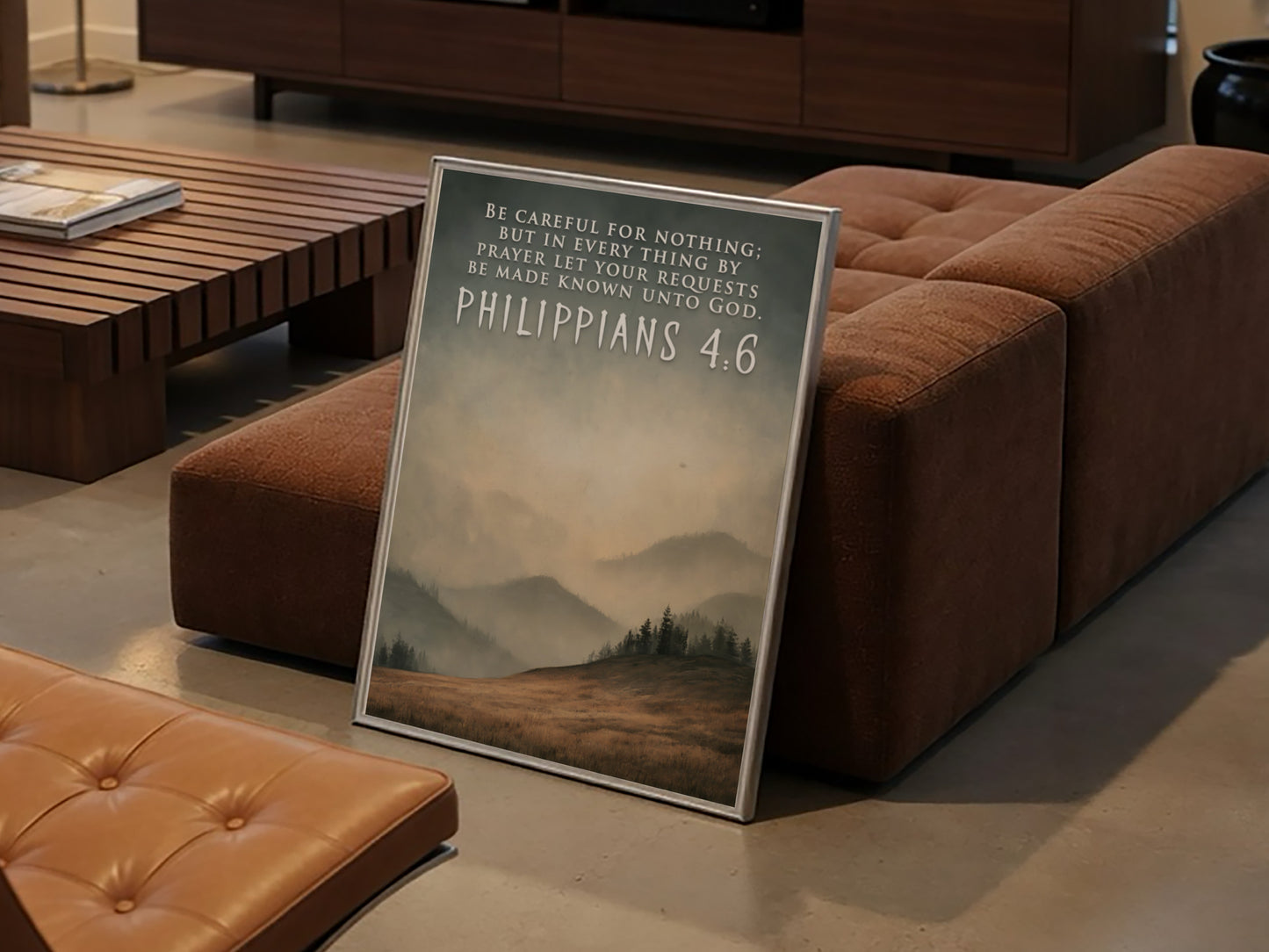 Poster displaying Philippians 4:6 text over a landscape of golden fields and mountains.