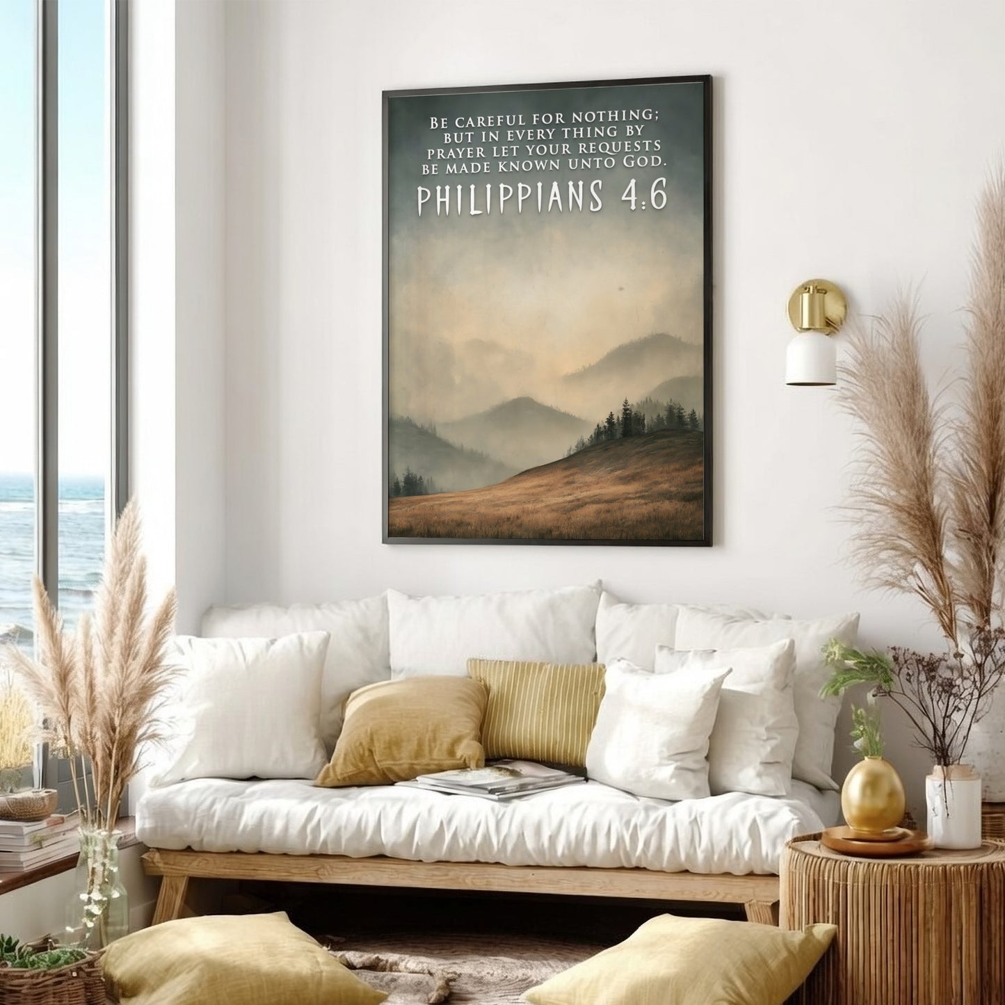Poster displaying Philippians 4:6 text over a landscape of golden fields and mountains.