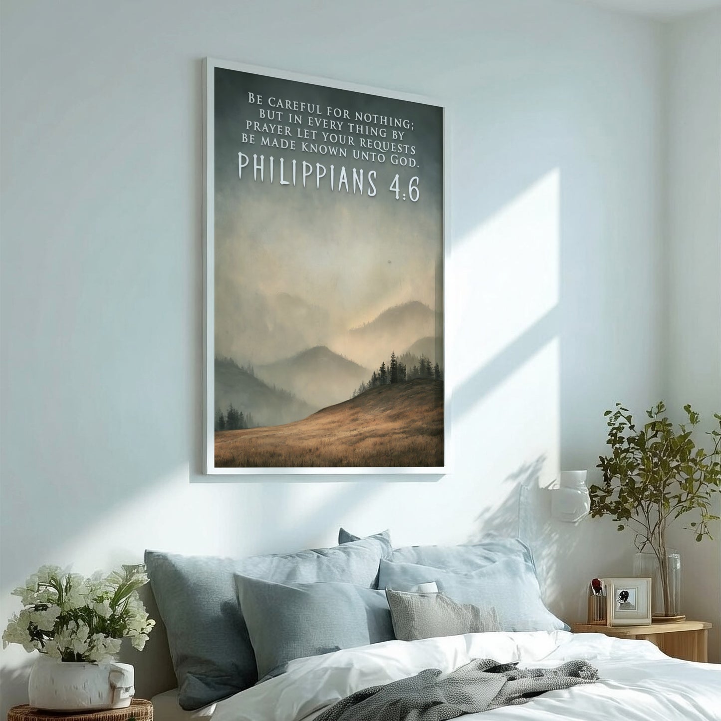 Poster displaying Philippians 4:6 text over a landscape of golden fields and mountains.