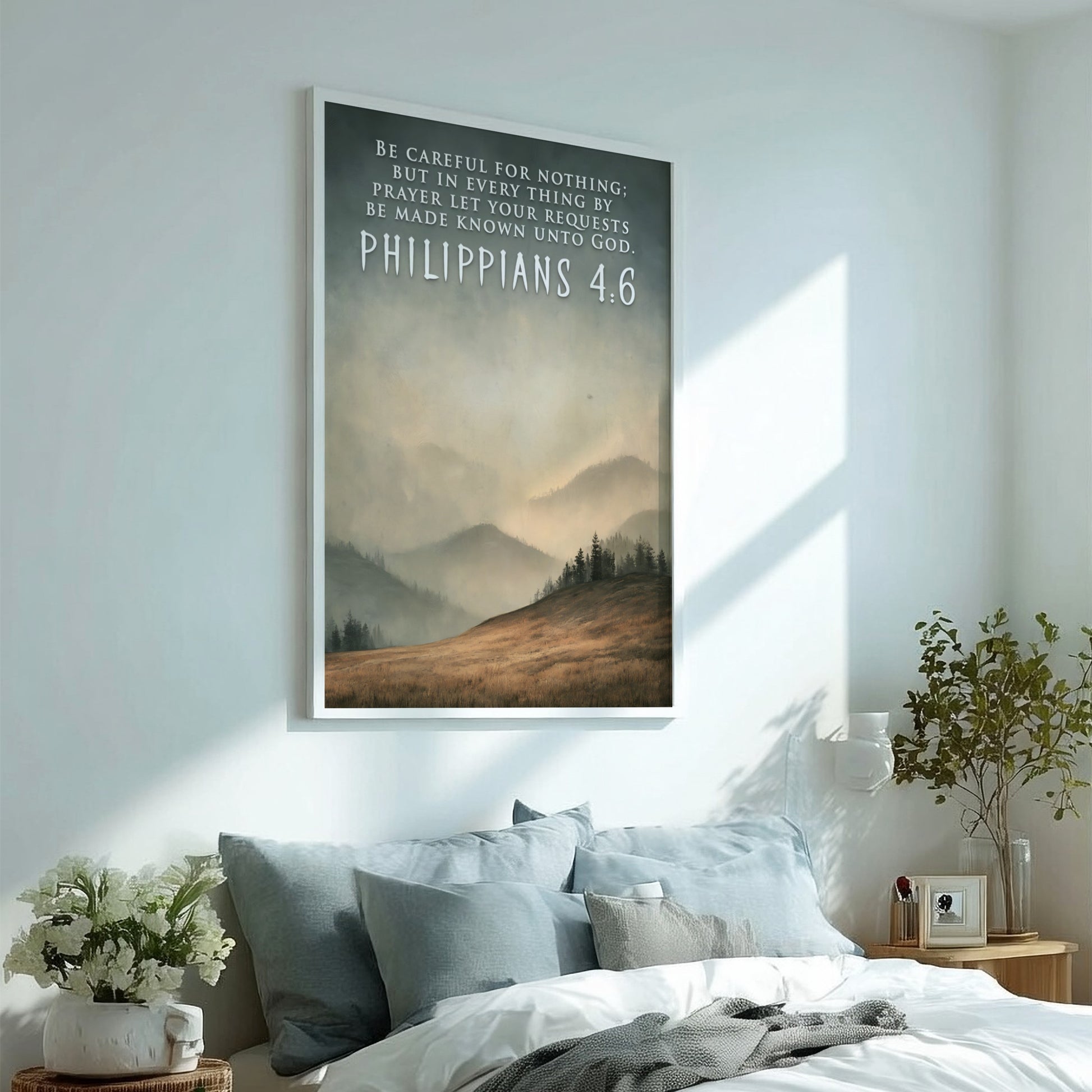 Poster displaying Philippians 4:6 text over a landscape of golden fields and mountains.