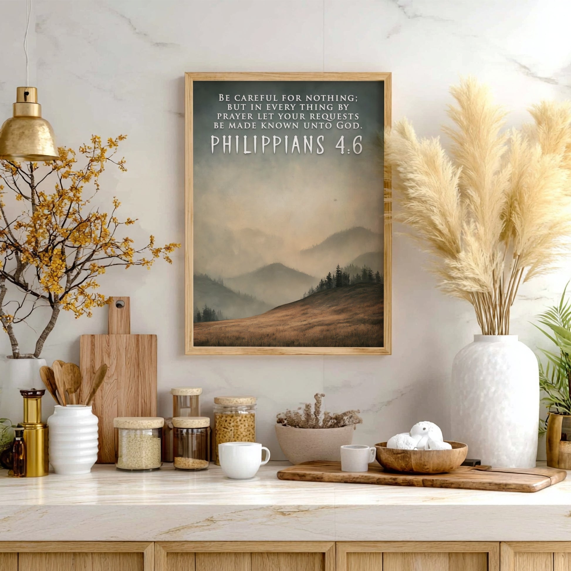 Poster displaying Philippians 4:6 text over a landscape of golden fields and mountains.