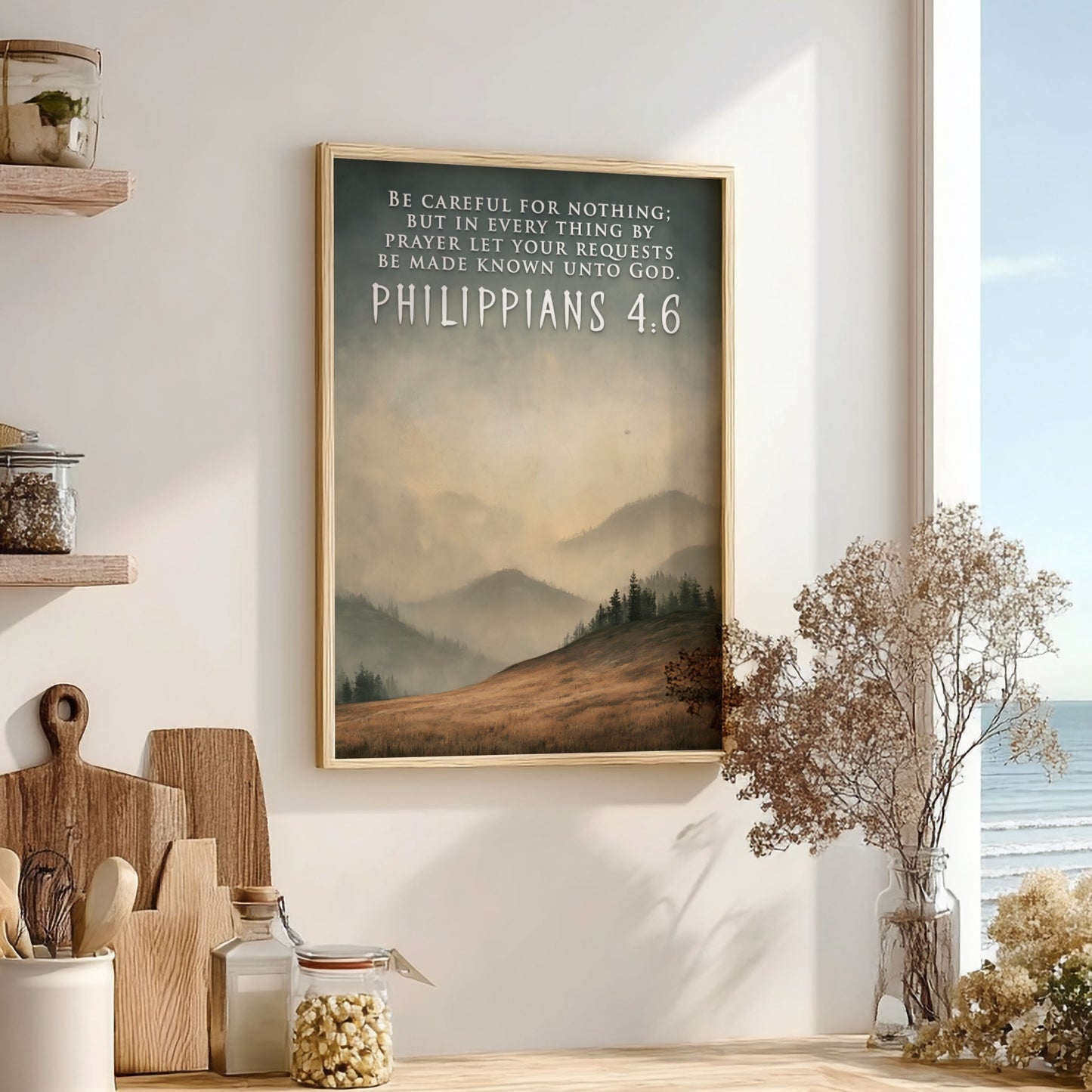 Poster displaying Philippians 4:6 text over a landscape of golden fields and mountains.