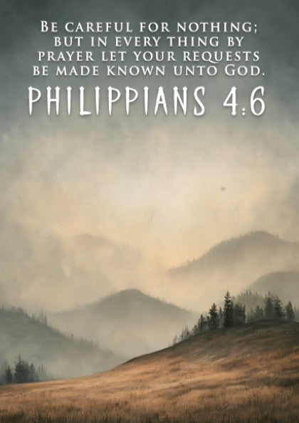 Poster displaying Philippians 4:6 text over a landscape of golden fields and mountains.