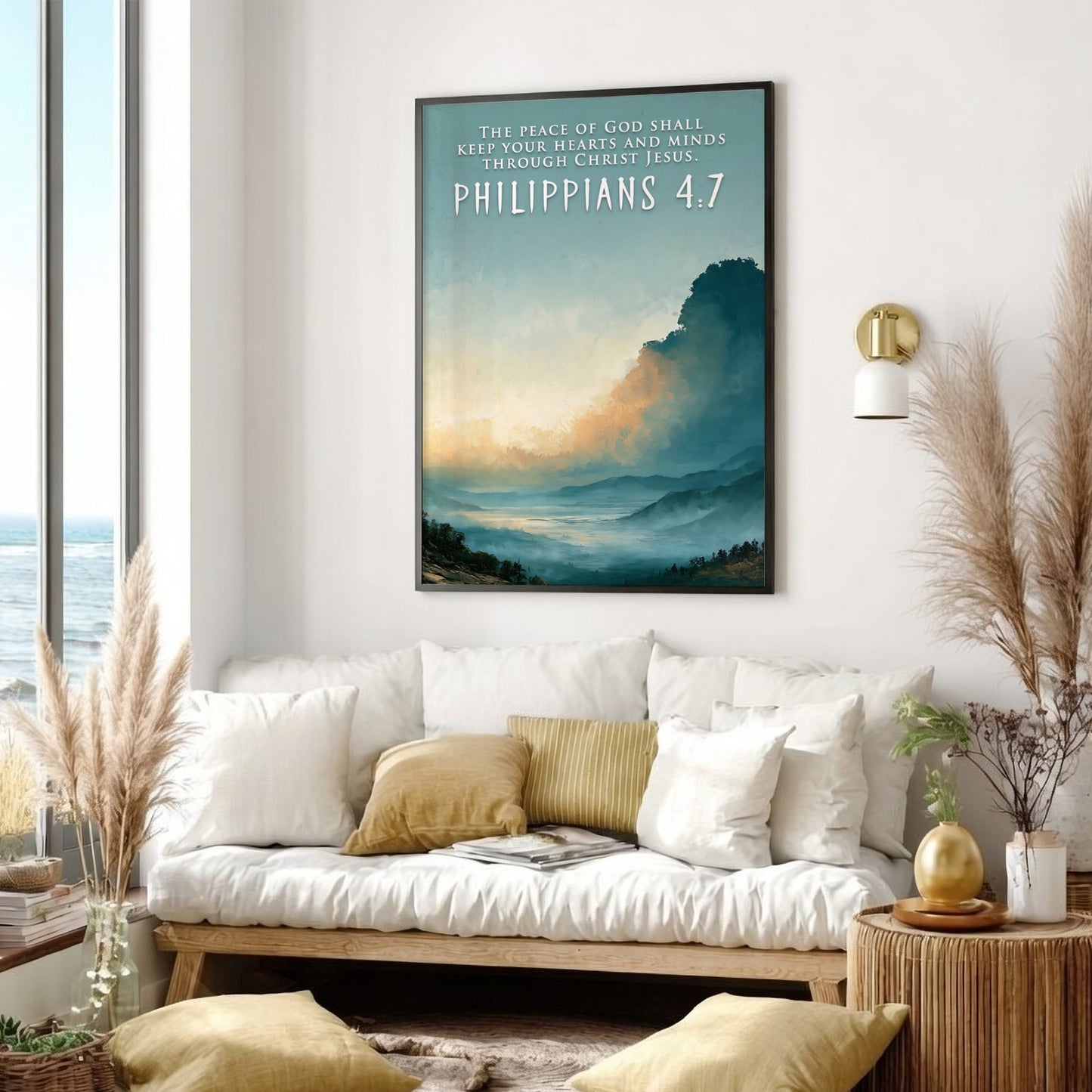 Poster displaying a mountain valley under a golden sunrise with Philippians 4:7 scripture text.