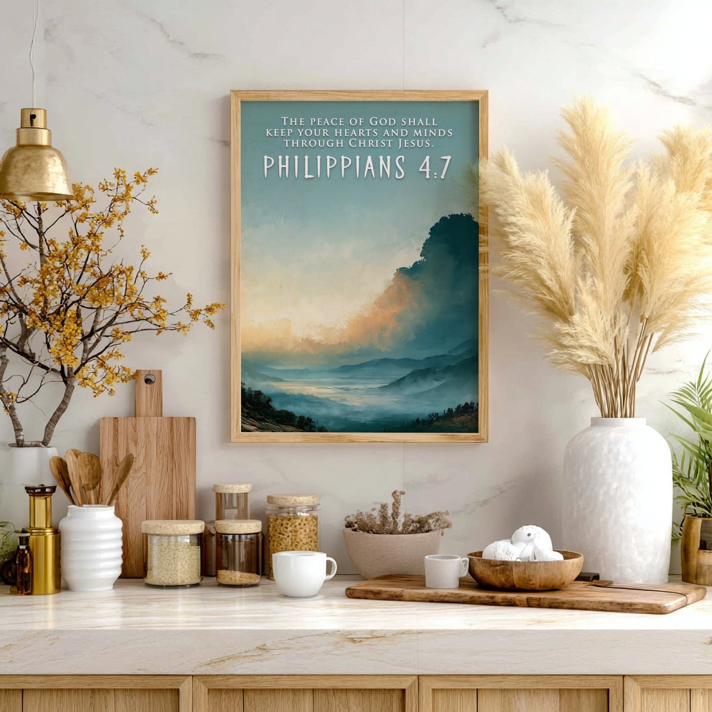 Poster displaying a mountain valley under a golden sunrise with Philippians 4:7 scripture text.