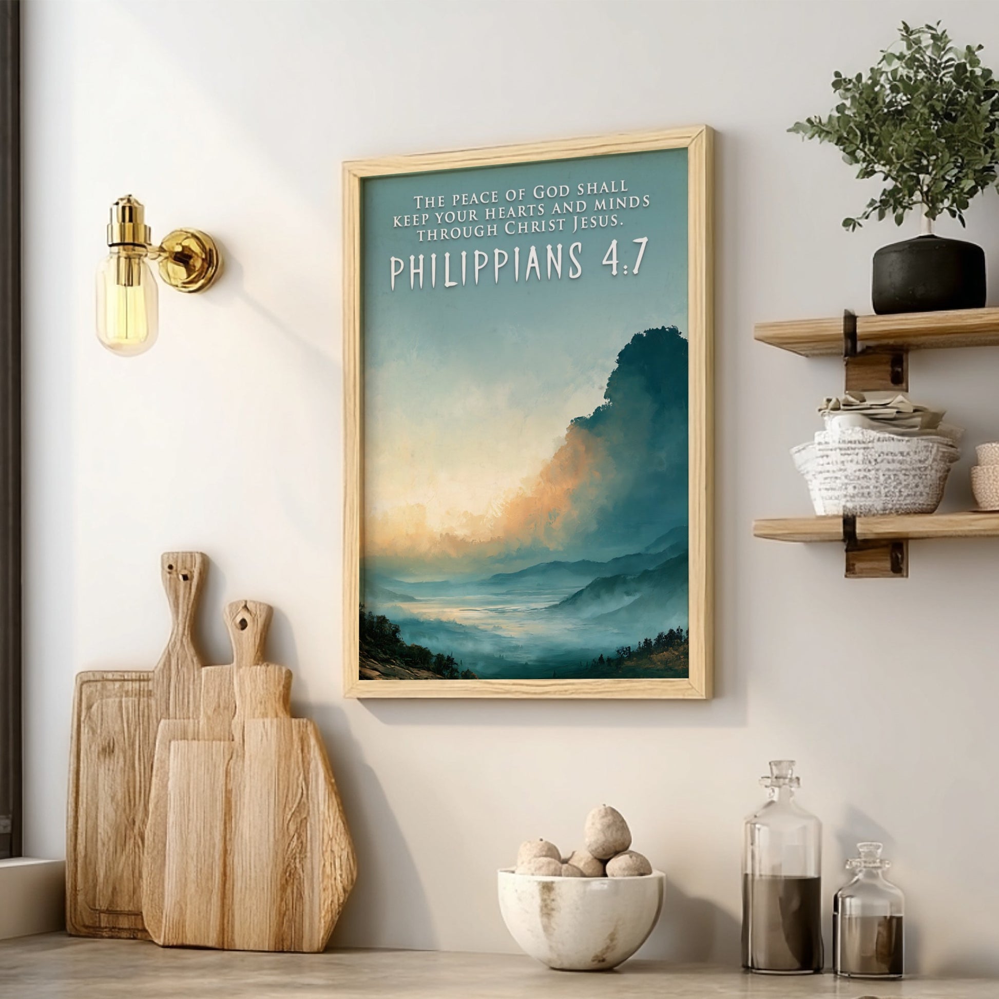 Poster displaying a mountain valley under a golden sunrise with Philippians 4:7 scripture text.