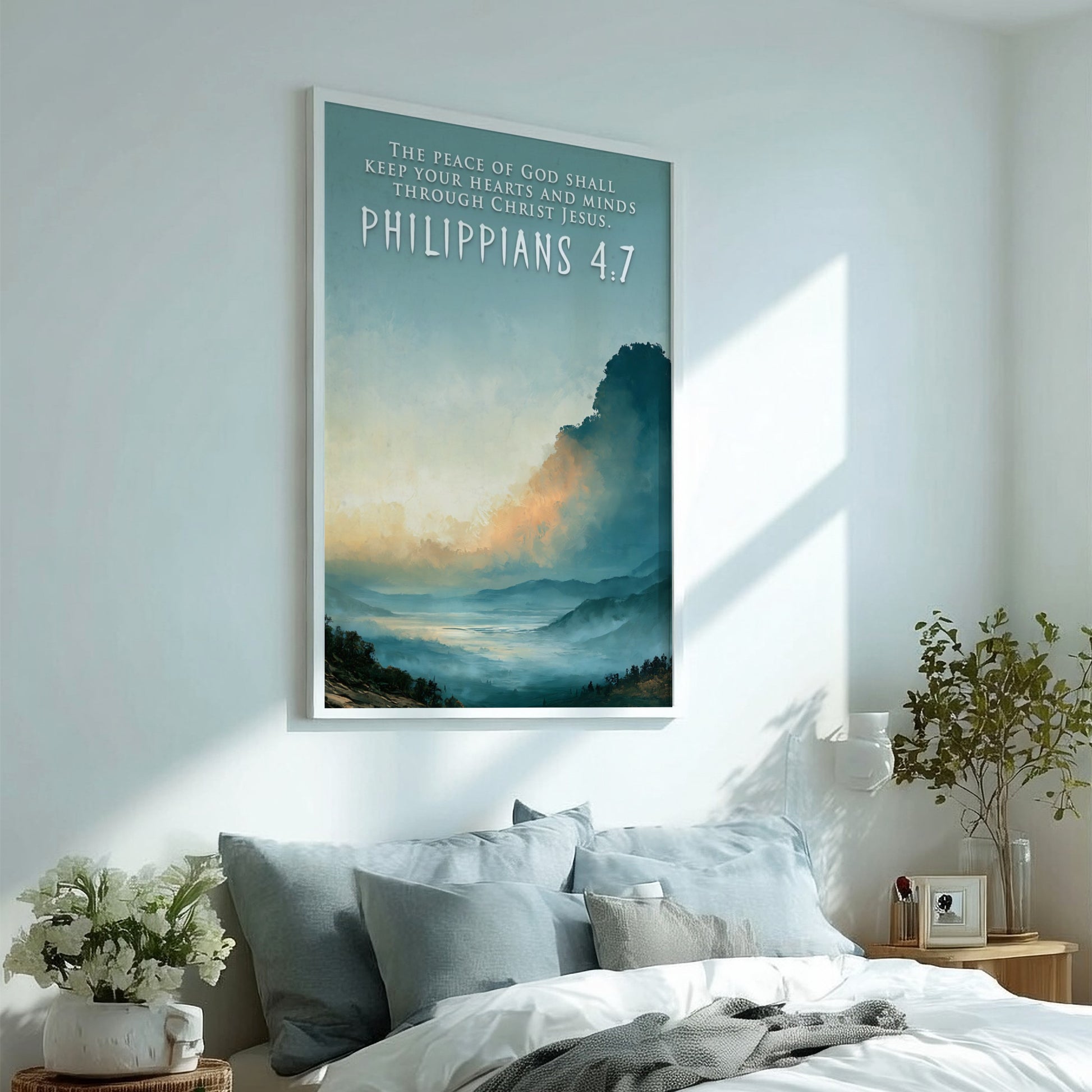 Poster displaying a mountain valley under a golden sunrise with Philippians 4:7 scripture text.