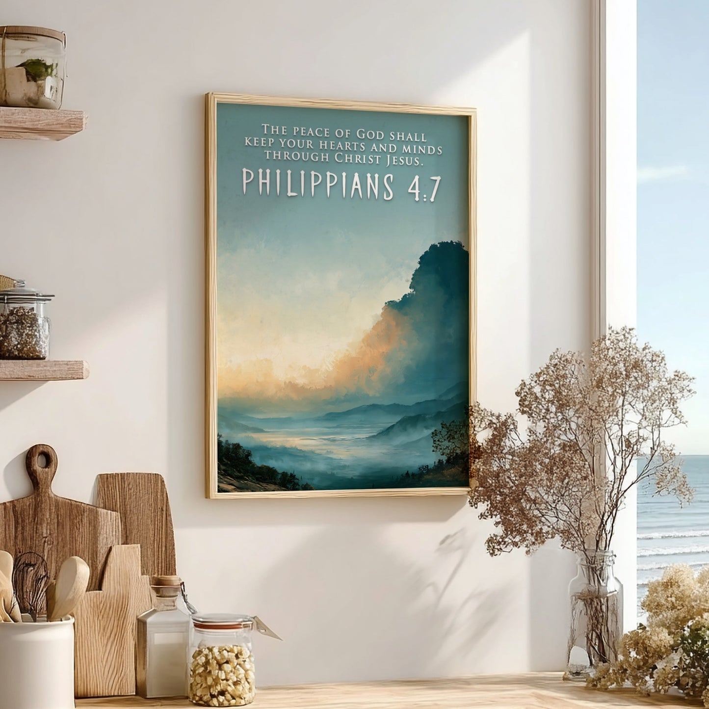 Poster displaying a mountain valley under a golden sunrise with Philippians 4:7 scripture text.