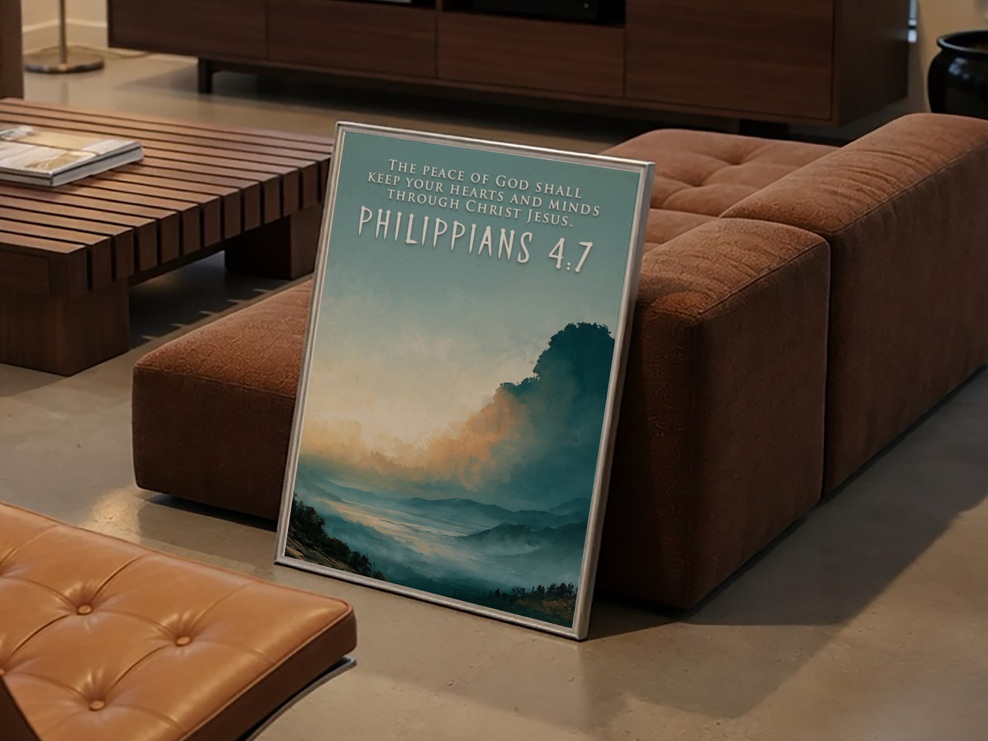 Poster displaying a mountain valley under a golden sunrise with Philippians 4:7 scripture text.