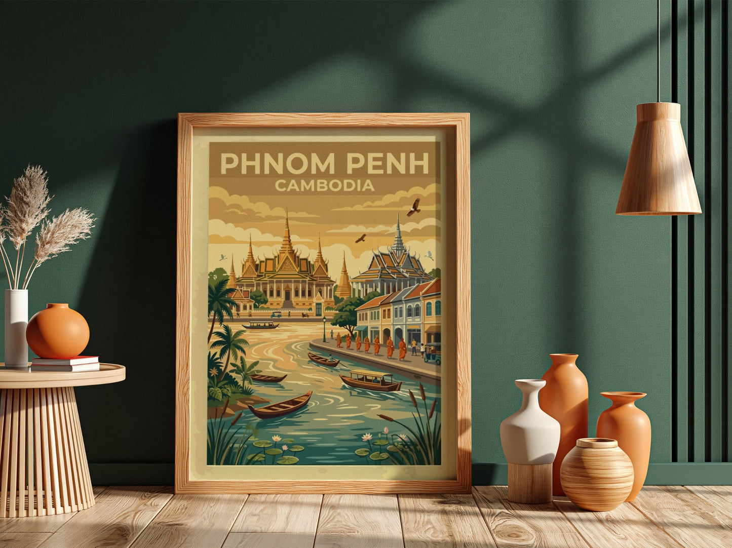 Phnom Penh travel poster featuring ornate golden temples by a river with wooden boats.