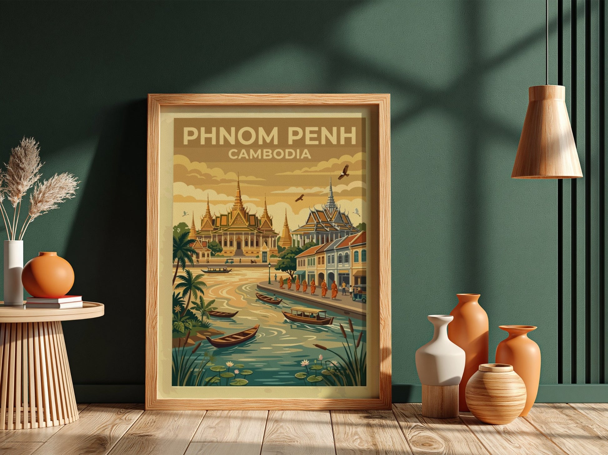 Phnom Penh travel poster featuring ornate golden temples by a river with wooden boats.