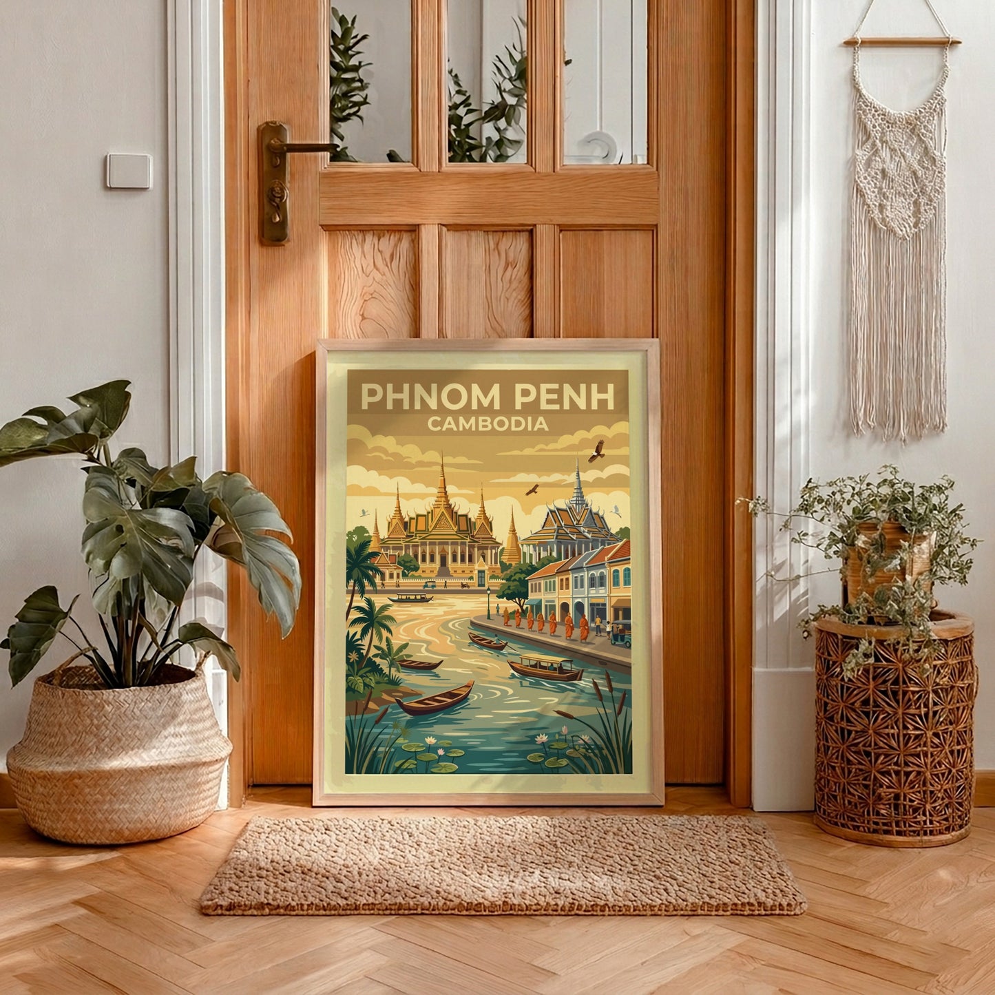 Phnom Penh travel poster featuring ornate golden temples by a river with wooden boats.