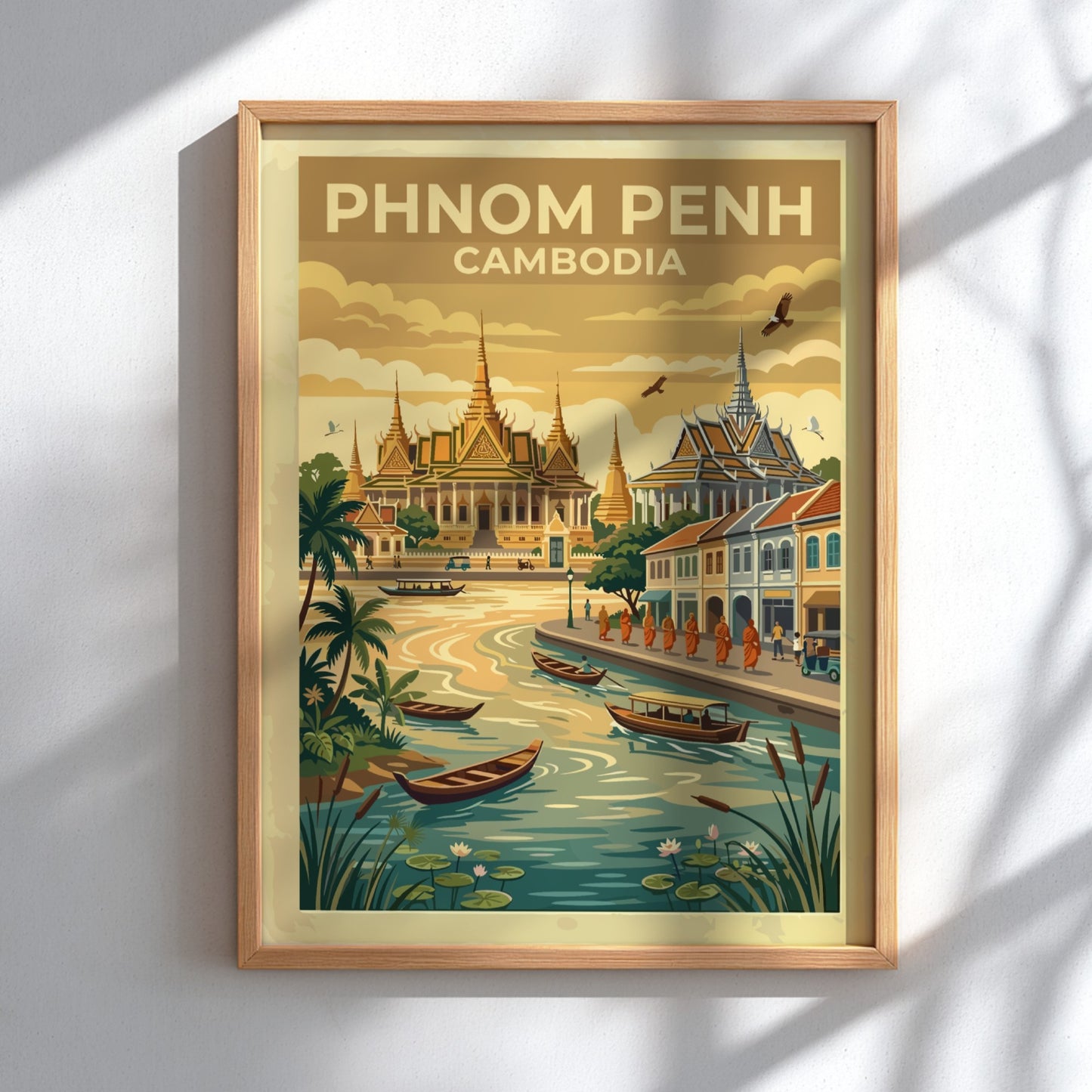 Phnom Penh travel poster featuring ornate golden temples by a river with wooden boats.