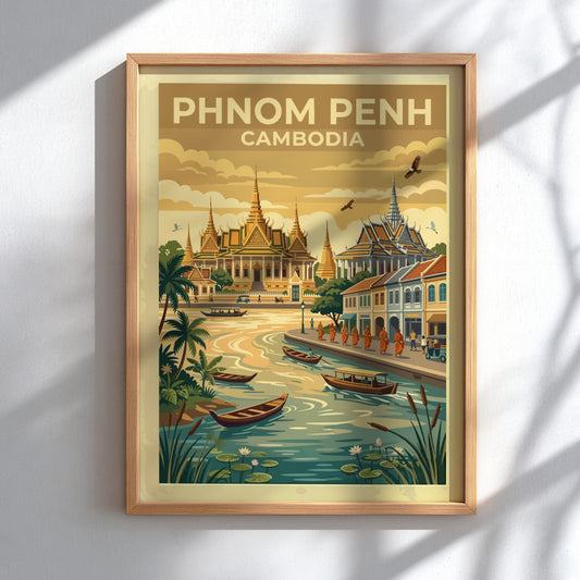 Phnom Penh travel poster featuring ornate golden temples by a river with wooden boats.