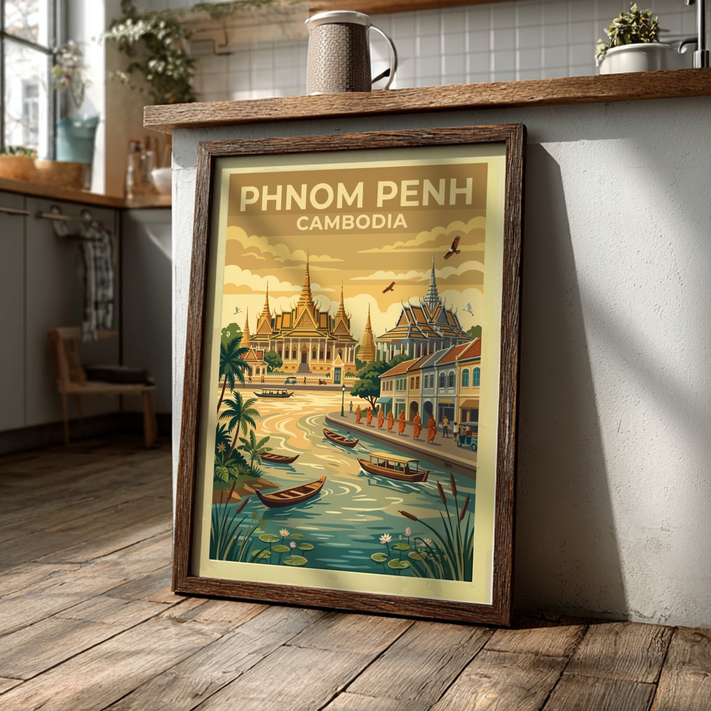 Phnom Penh travel poster featuring ornate golden temples by a river with wooden boats.