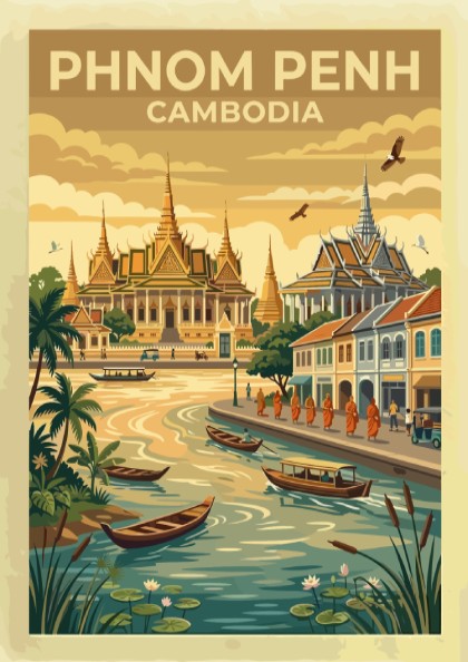 Phnom Penh travel poster featuring ornate golden temples by a river with wooden boats.