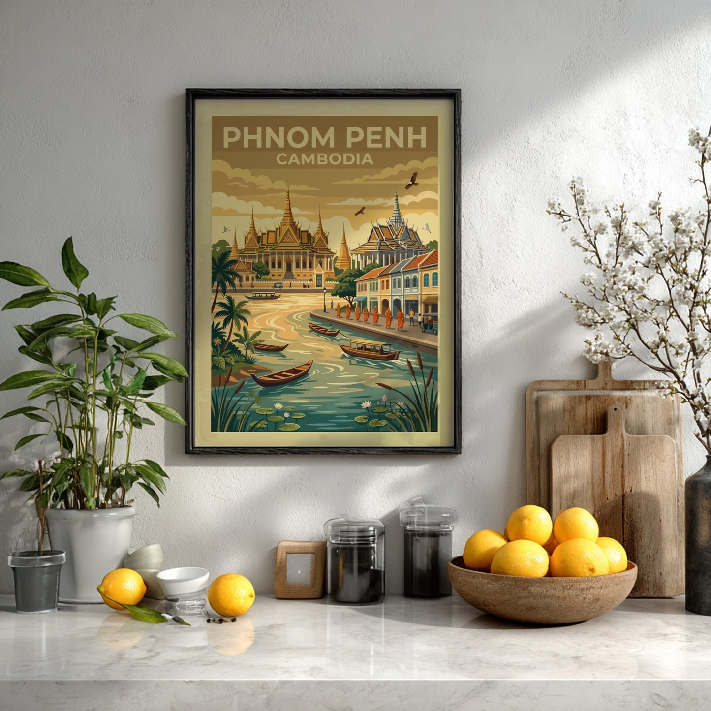 Phnom Penh travel poster featuring ornate golden temples by a river with wooden boats.