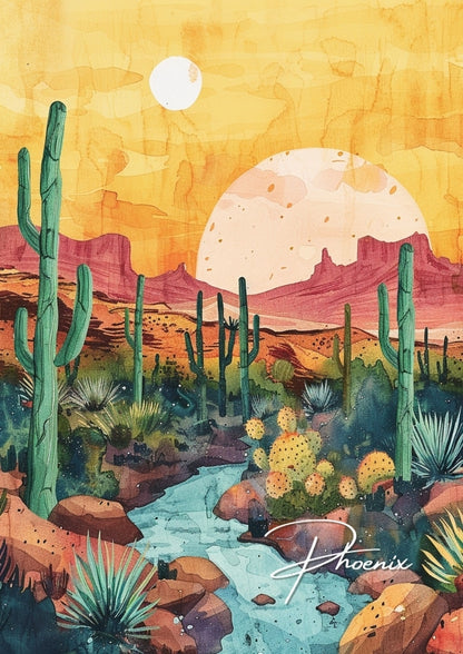 Phoenix Watercolour Travel Poster - Arizona Artwork