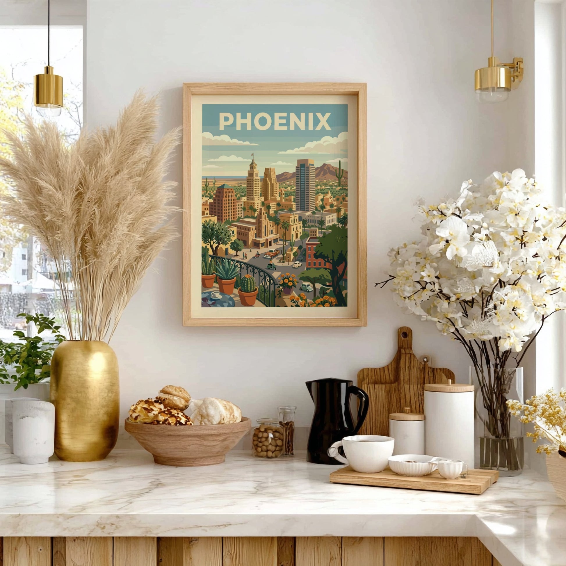 Retro Phoenix cityscape poster with desert architecture, cacti, and mountains in warm tones.