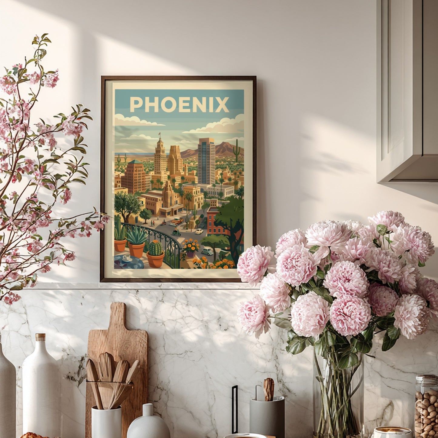 Retro Phoenix cityscape poster with desert architecture, cacti, and mountains in warm tones.