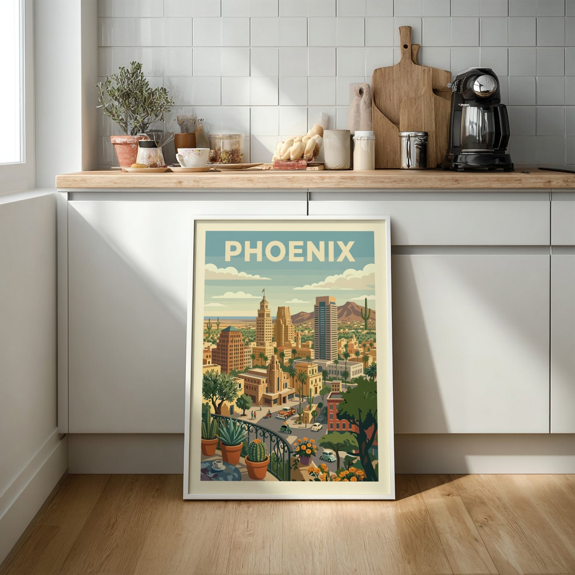 Retro Phoenix cityscape poster with desert architecture, cacti, and mountains in warm tones.