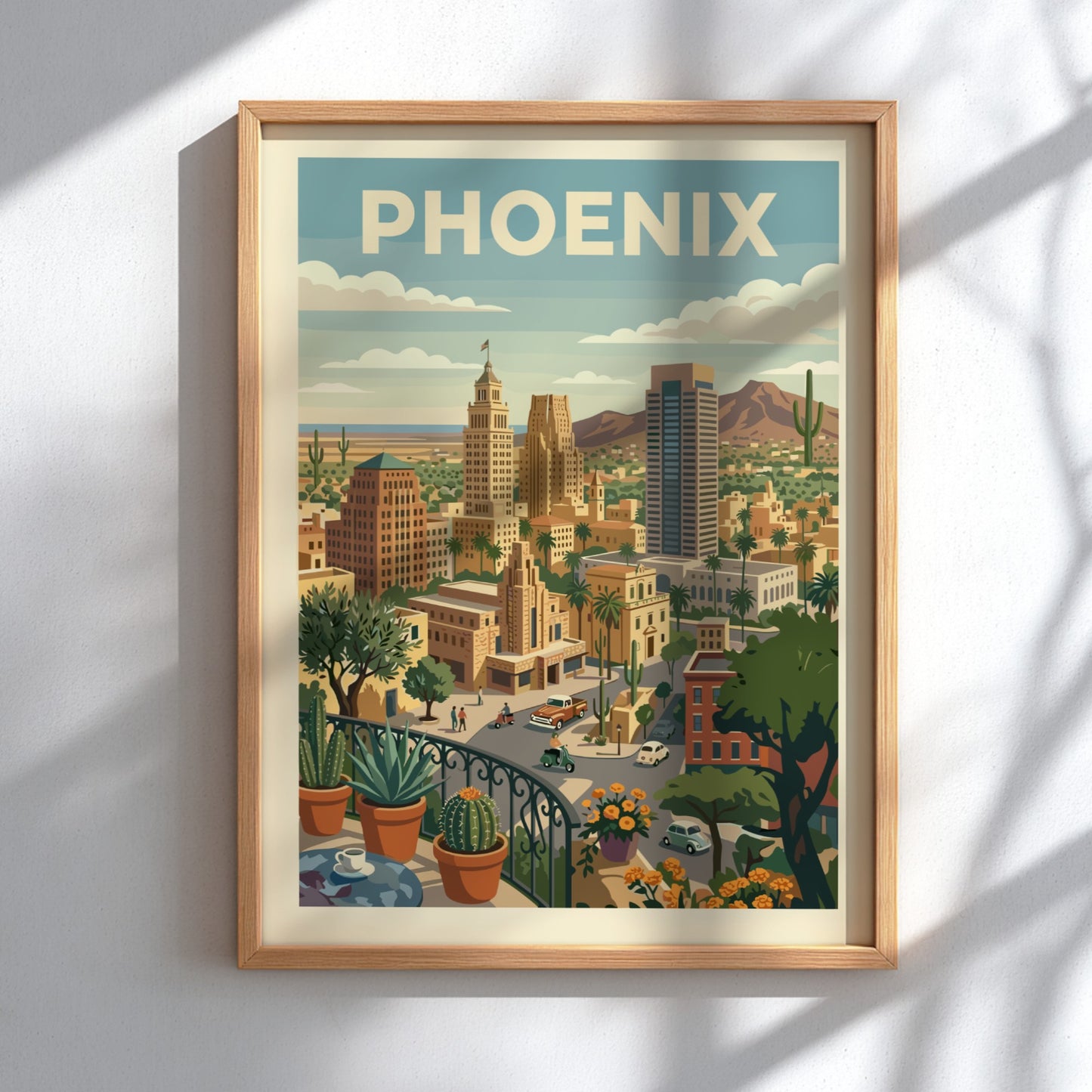 Retro Phoenix cityscape poster with desert architecture, cacti, and mountains in warm tones.