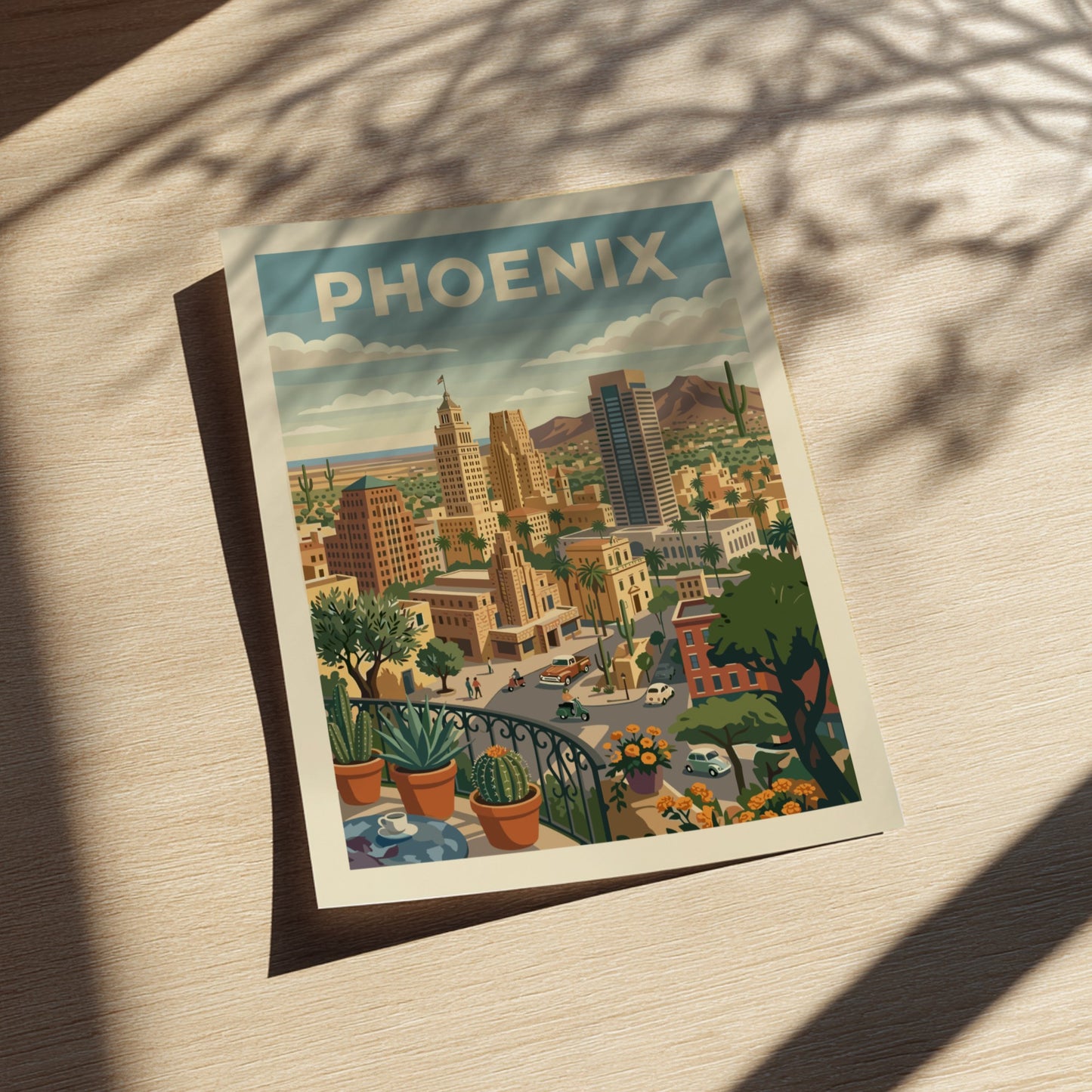 Retro Phoenix cityscape poster with desert architecture, cacti, and mountains in warm tones.