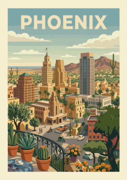 Retro Phoenix cityscape poster with desert architecture, cacti, and mountains in warm tones.