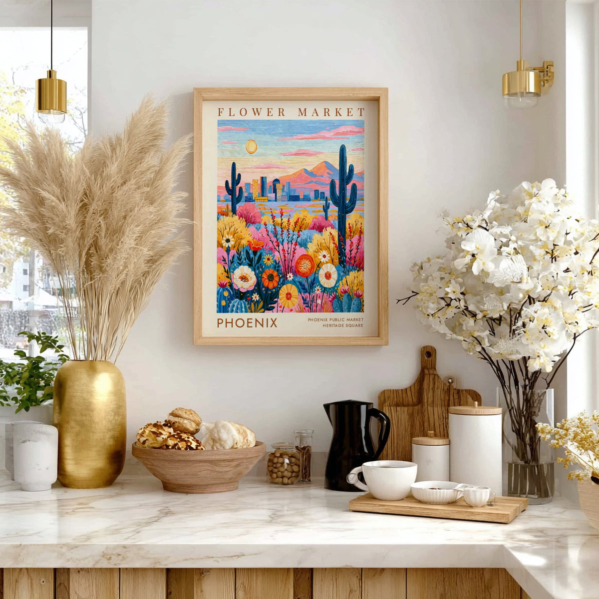 Flower market poster featuring vibrant blooms and a city skyline in bright colors