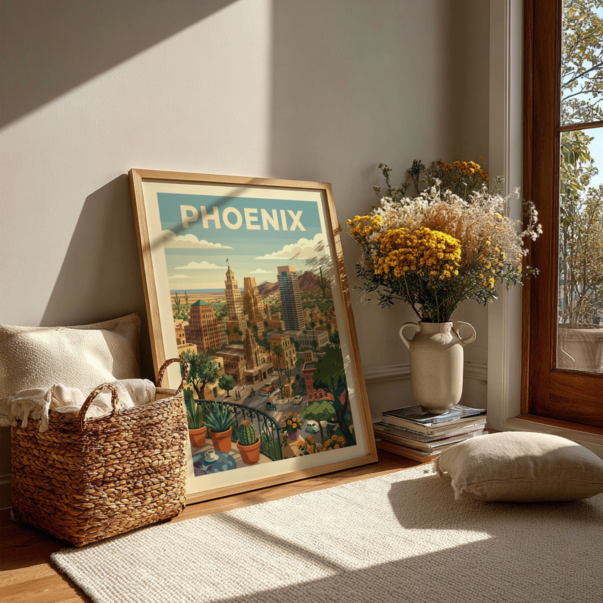 Retro Phoenix cityscape poster with desert architecture, cacti, and mountains in warm tones.