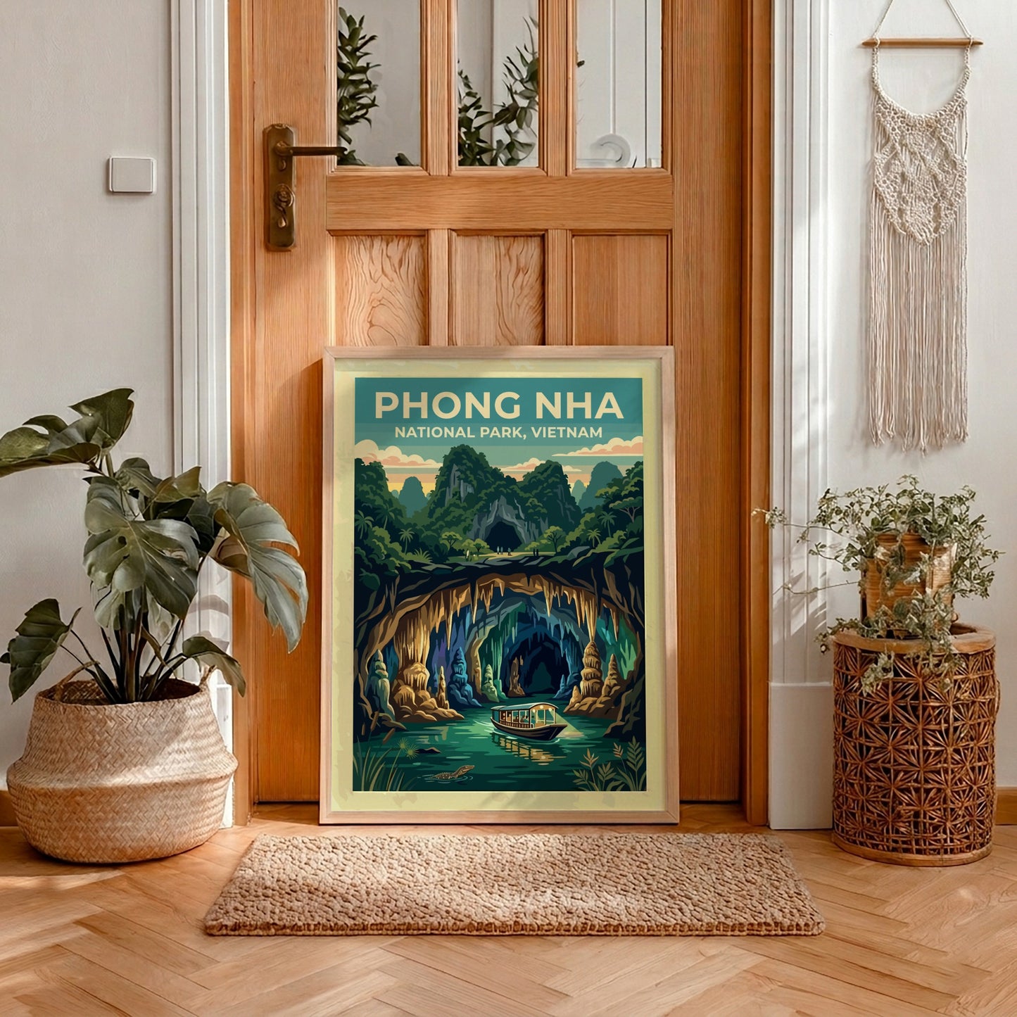 Phong Nha National Park poster featuring a wooden boat drifting into a limestone cave.