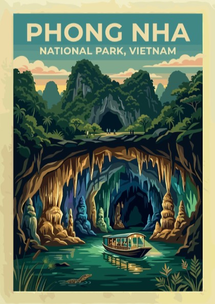 Phong Nha National Park poster featuring a wooden boat drifting into a limestone cave.