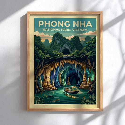 Phong Nha National Park poster featuring a wooden boat drifting into a limestone cave.