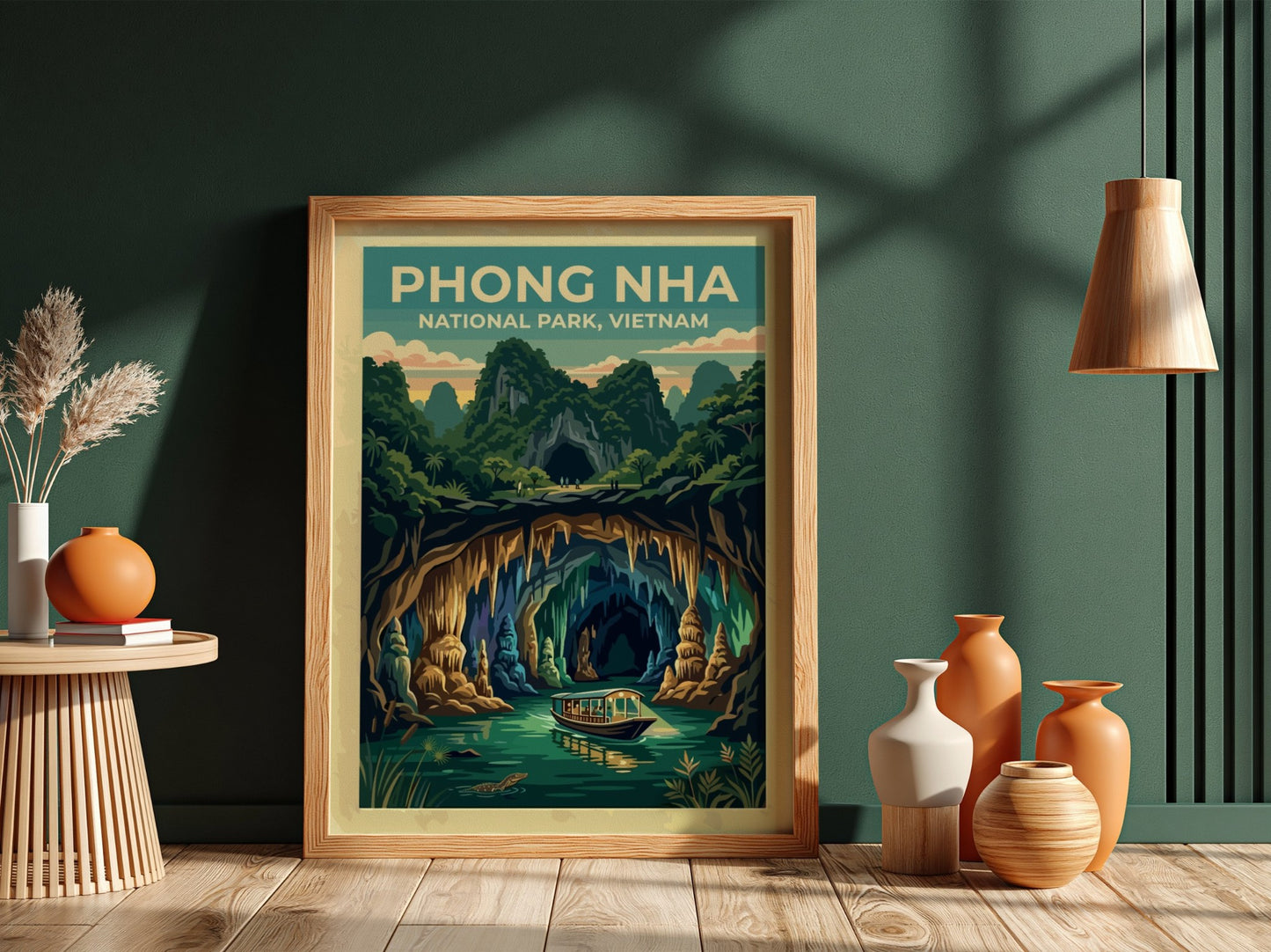Phong Nha National Park poster featuring a wooden boat drifting into a limestone cave.