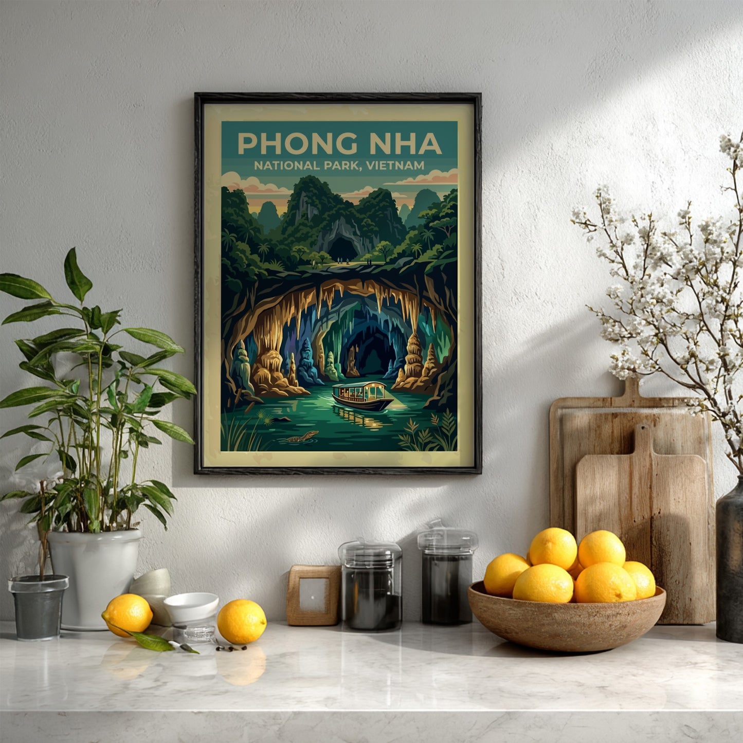 Phong Nha National Park poster featuring a wooden boat drifting into a limestone cave.