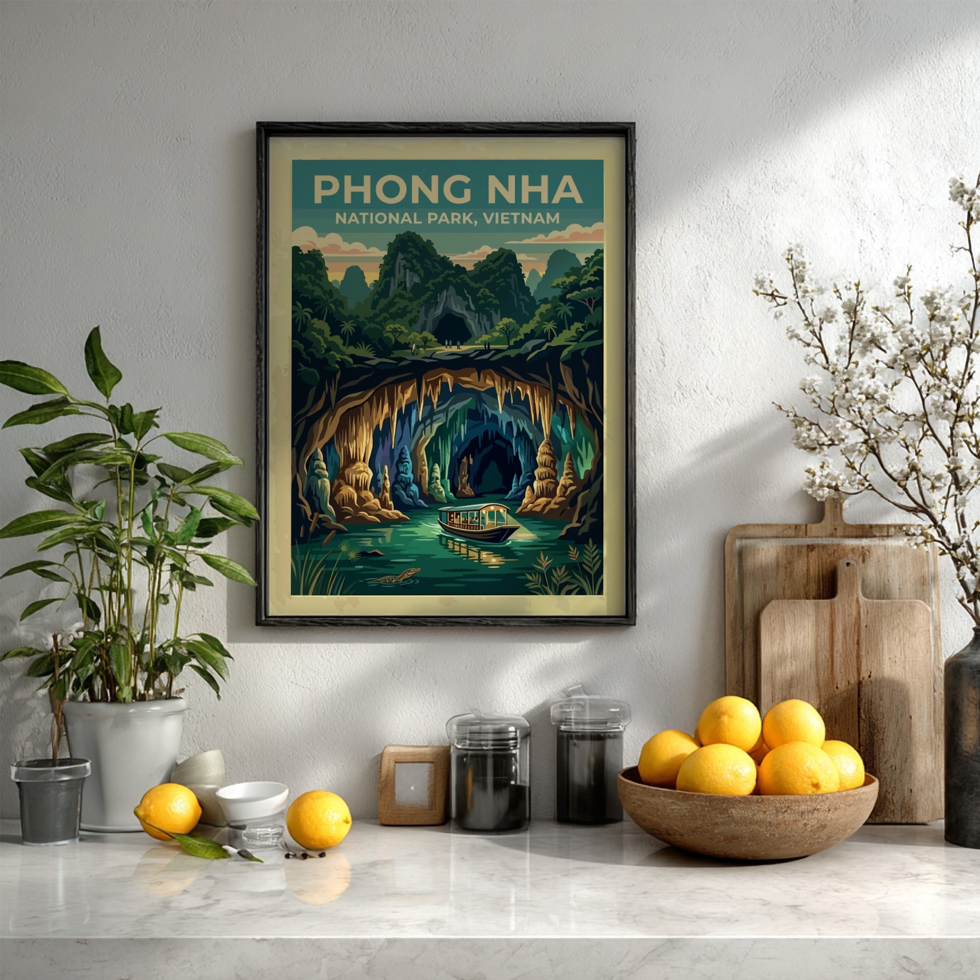 Phong Nha National Park poster featuring a wooden boat drifting into a limestone cave.