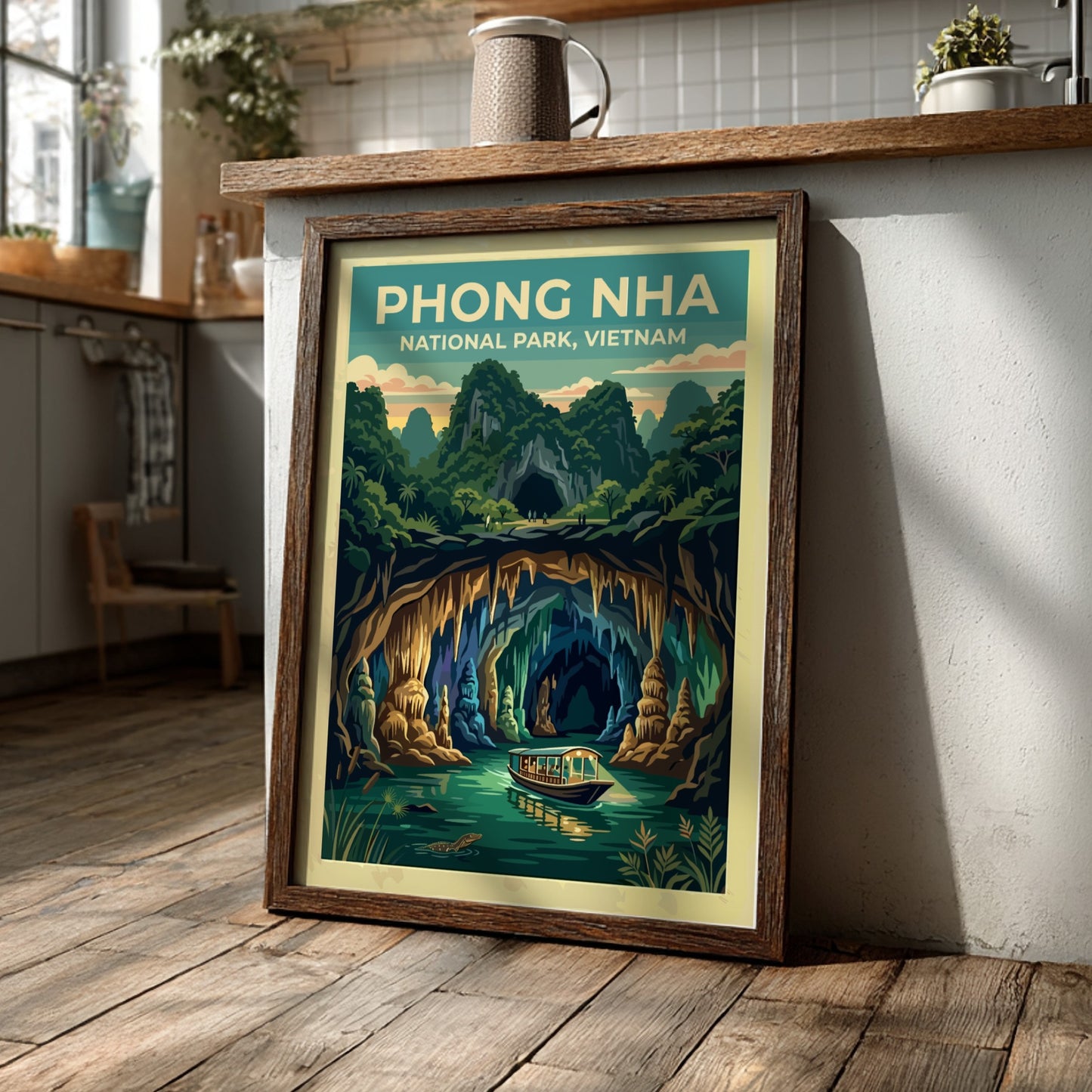 Phong Nha National Park poster featuring a wooden boat drifting into a limestone cave.