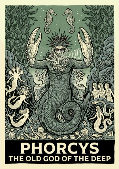 Phorcys Greek Mythology poster featuring the old god of the deep with crab claws and mermaids in a green