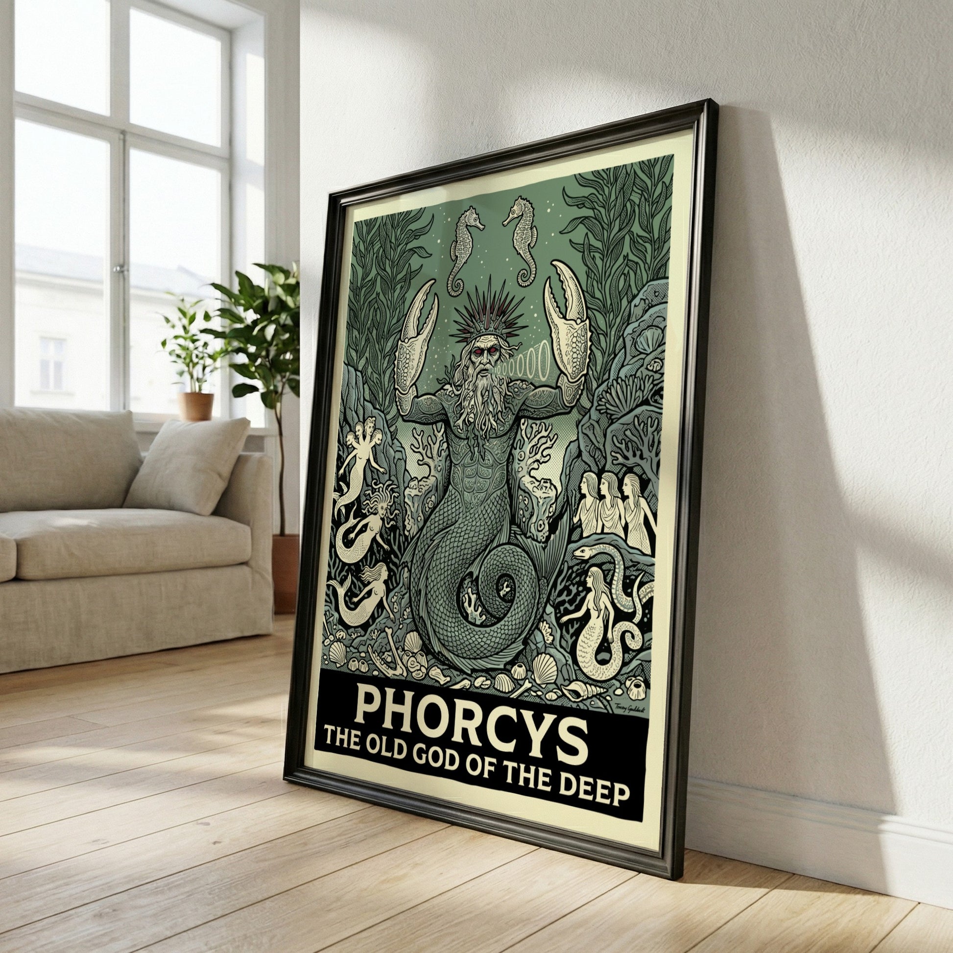 Phorcys Greek Mythology poster featuring the old god of the deep with crab claws and mermaids in a green