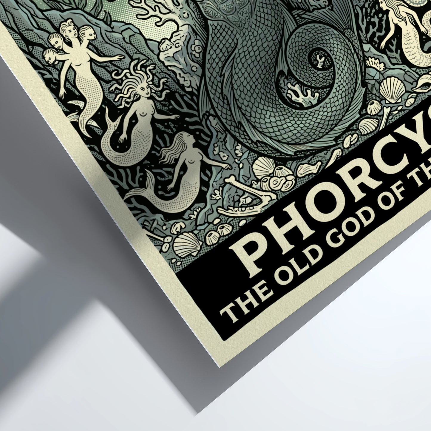 Phorcys Greek Mythology poster featuring the old god of the deep with crab claws and mermaids in a green